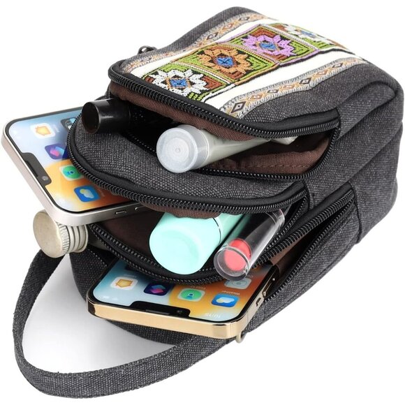 Women's S3 Black Vintage Embroidered Cute Mini Cross Body Bag Small Handbag - Picture 5 of 6